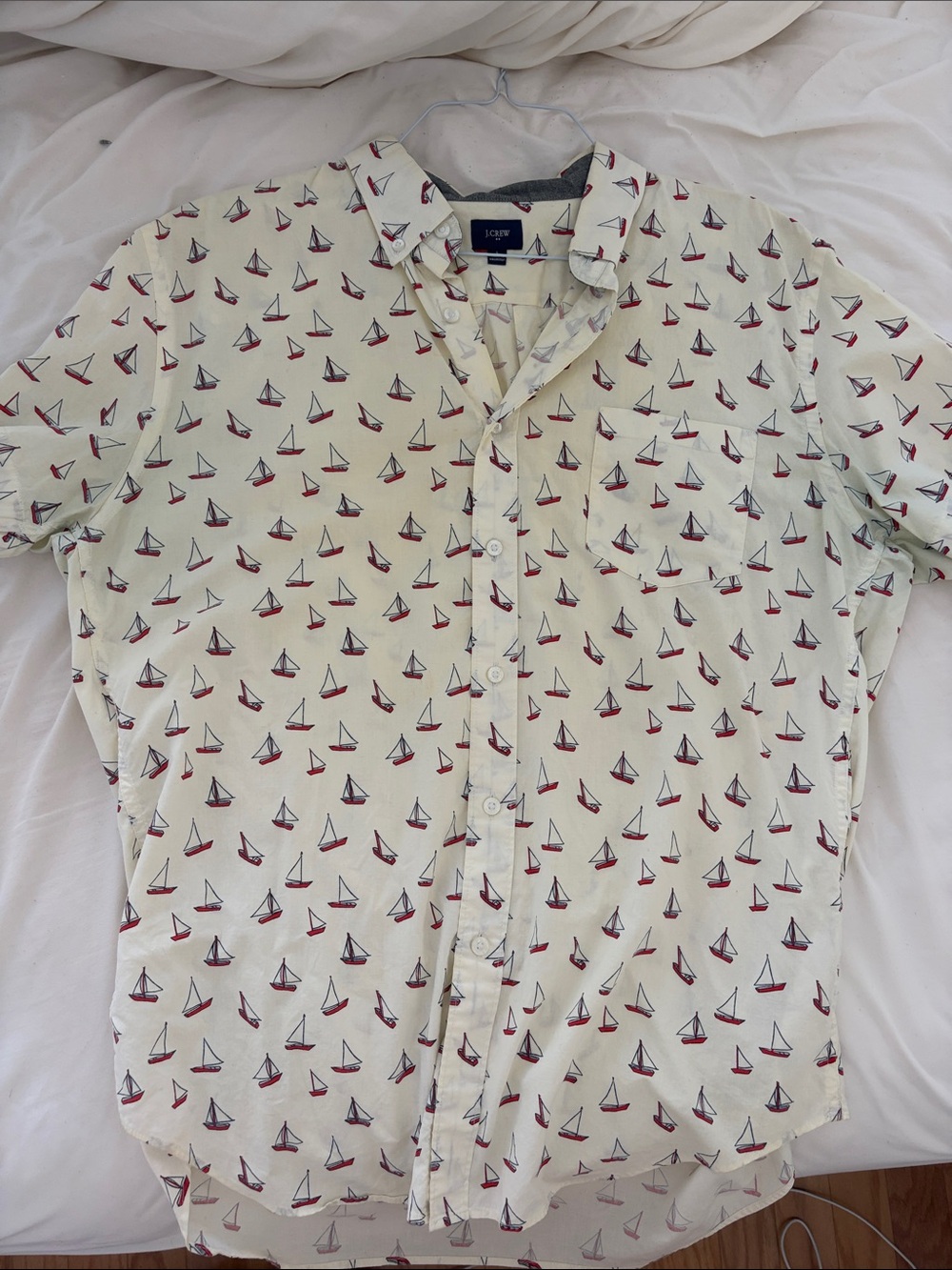 J. Crew Cream Short-Sleeve Button-Down Shirt with Red and Navy Sailboat Print